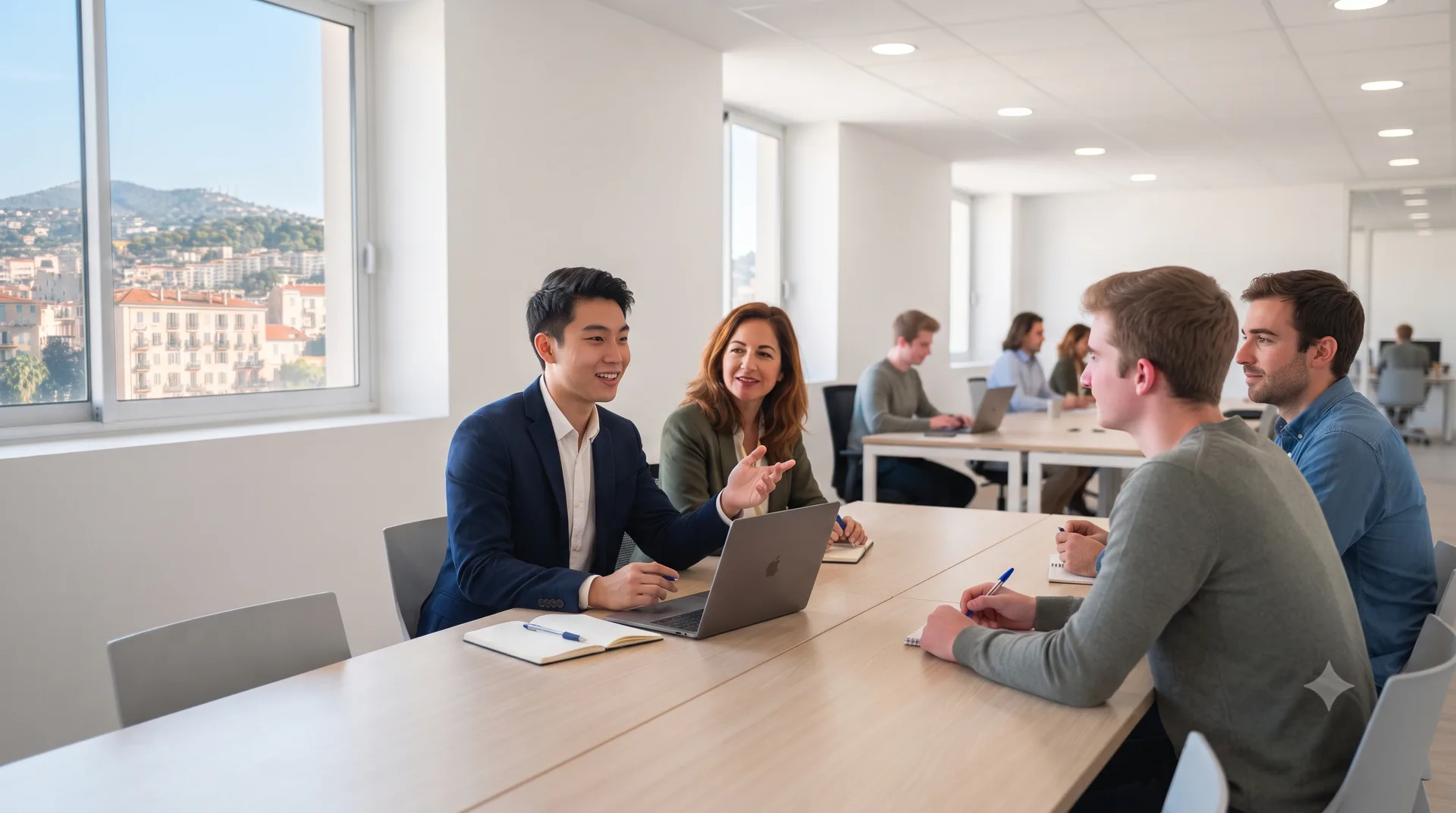Echange professionnel en petit groupe.