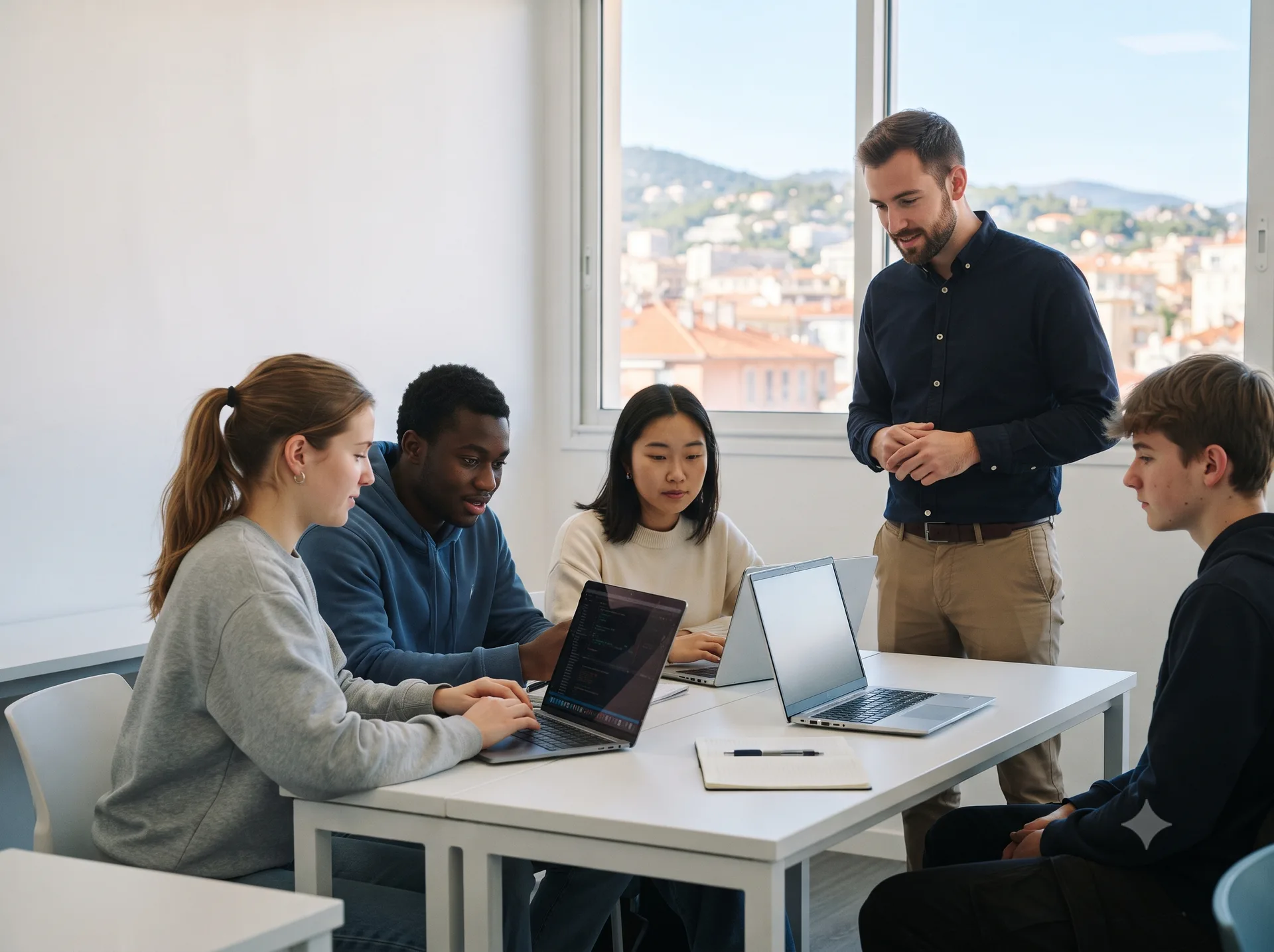 Scene editoriale representant un groupe de travail en ecole.