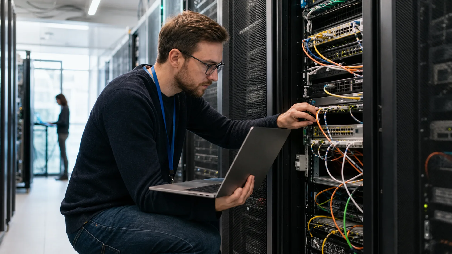 Professionnel informatique en intervention sur une infrastructure réseau