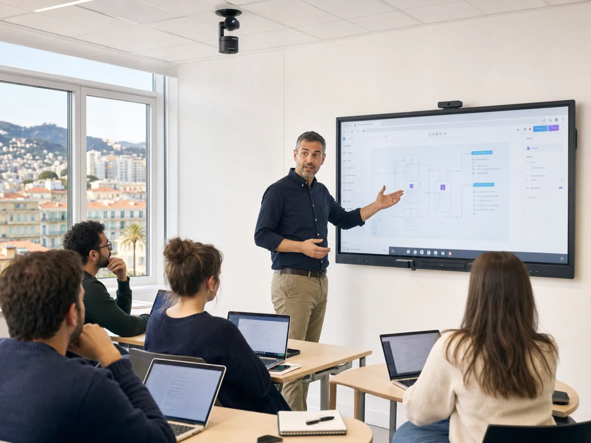 Salle AcadéNice équipée pour enregistrer les cours, le tableau et les démonstrations